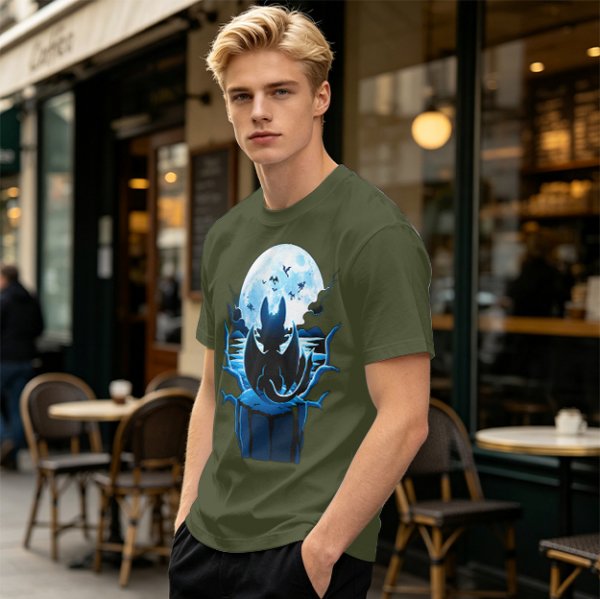 Olive T-Shirt Featuring Dragon Silhouette Under Full Moon
