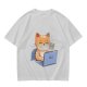 Olive T-Shirt With Cute Orange Cat Working On Laptop Print