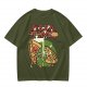 Olive green pizza graphic t-shirt with playful pizza slice characters