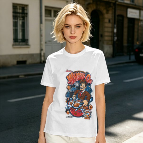 Olive green t-shirt with Doctor Who themed Whovio's cereal graphic