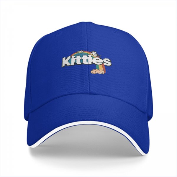 Black baseball cap with kitties and rainbow graphic