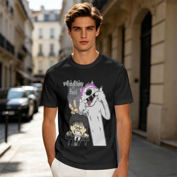 Olive graphic tee with Wednesday and Enid cartoon wolf design