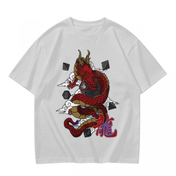 Olive T-shirt with Red Chinese Dragon and Cloud Graphic Print
