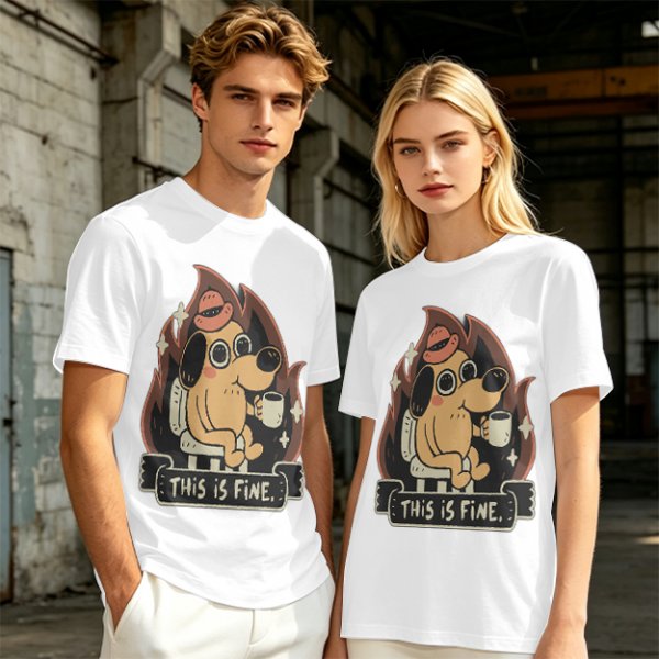 Olive T-Shirt Featuring the 'This Is Fine' Dog in Flames Holding Coffee