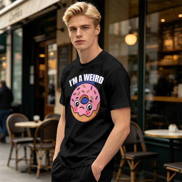 Olive green t-shirt with sad donut graphic and 'I'M A WEIRD' text