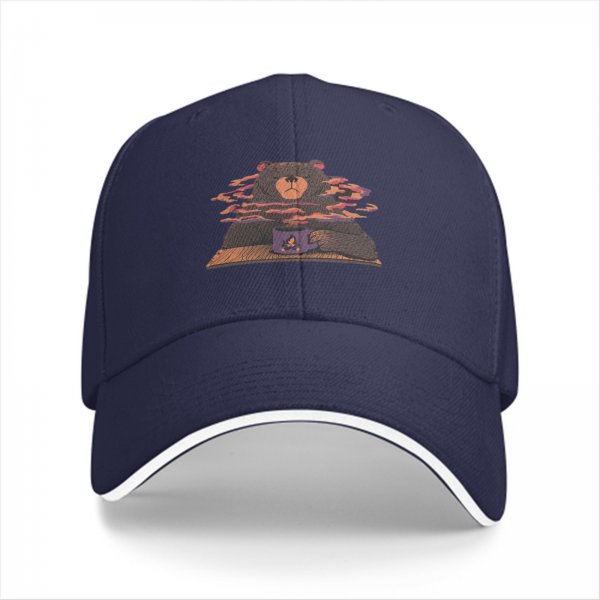 Black baseball cap with a bear holding a steaming coffee mug print