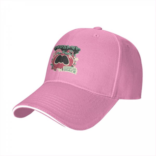 Black baseball cap with tomato power-up snack graphic