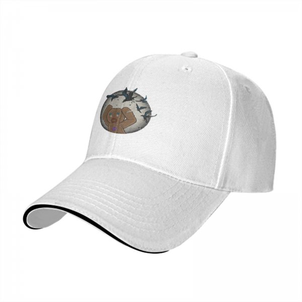 Black baseball cap with distressed crying gingerbread man and crows graphic