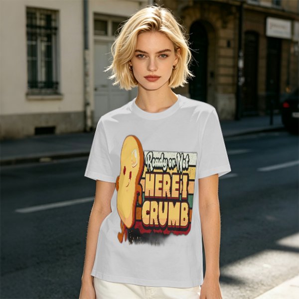 Olive graphic tee with playful bread character and 'Ready or Not Here I Crumb' text