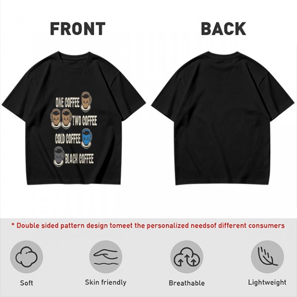 Olive green graphic tee with coffee cup illustrations and playful coffee text