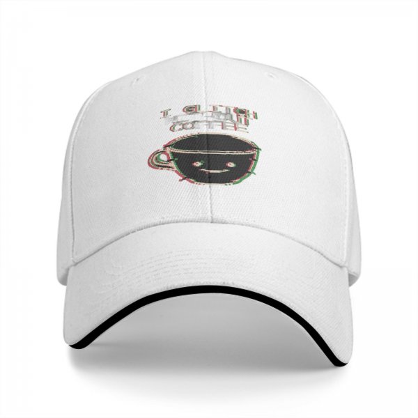 Black baseball cap with glitch coffee cup and 'I Glitch About Coffee' text