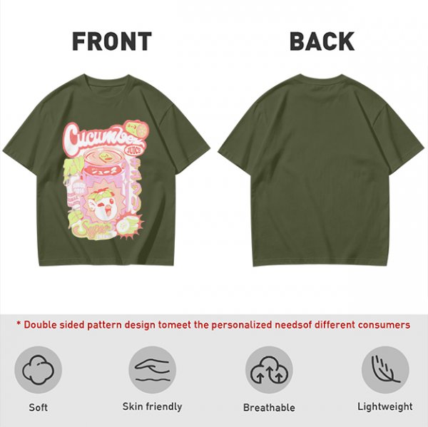 Olive green graphic t-shirt with cucumber juice themed print
