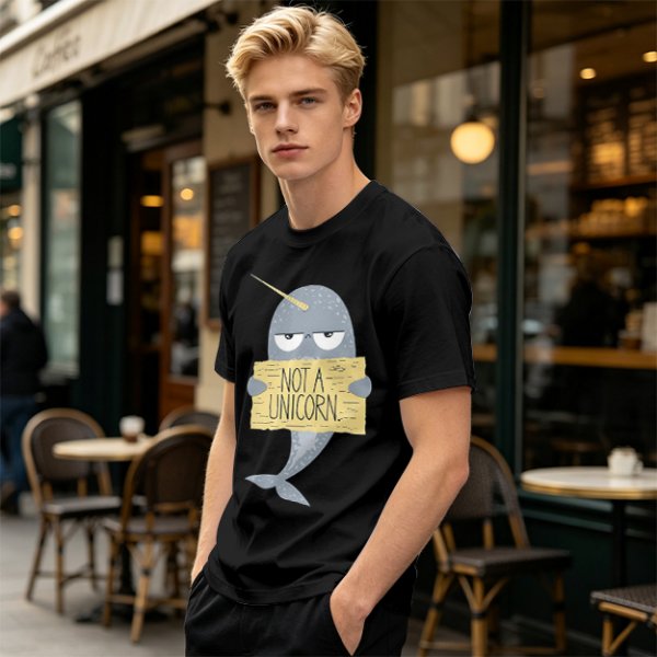 Olive T-Shirt With Grumpy Narwhal Holding Not A Unicorn Sign