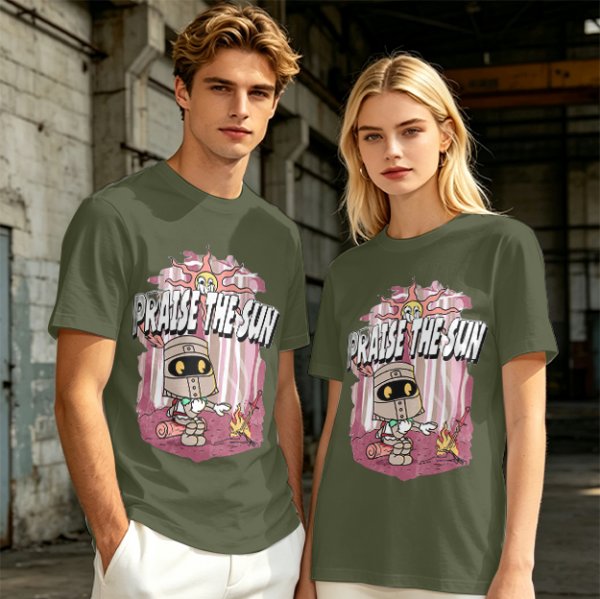 Olive t-shirt with cartoon knight 'Praise the Sun' graphic