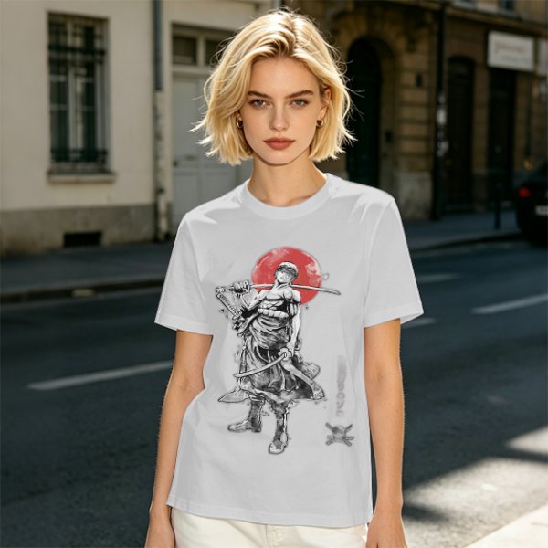 Olive T-shirt with Samurai Swordsman and Red Sun Print