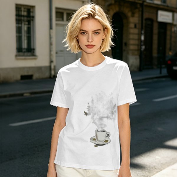 Olive Green T-Shirt with Steaming Coffee Cup Print