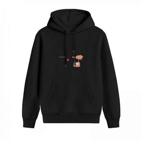 Black Hoodie With Witch Broom And Cat Graphic Print