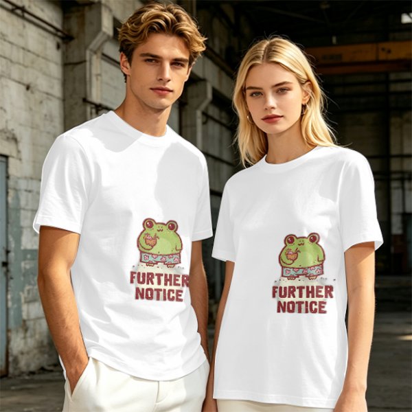 Olive T-Shirt with Cute Frog Graphic and Further Notice Text