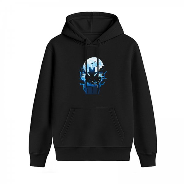 Black hoodie with night dragon silhouette against full moon graphic