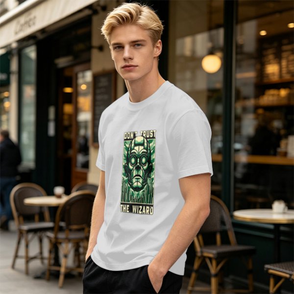 Olive green t-shirt with 'Don't Trust The Wizard' robot graphic print