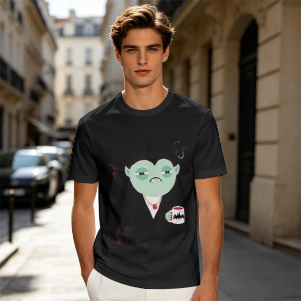 Olive T-Shirt With Tired Vampire Holding Bat Mug Graphic
