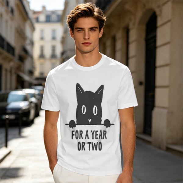 Olive graphic t-shirt with black cat holding 'for a year or two' text