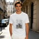 Olive green graphic t-shirt with symmetrical dark and orange artwork