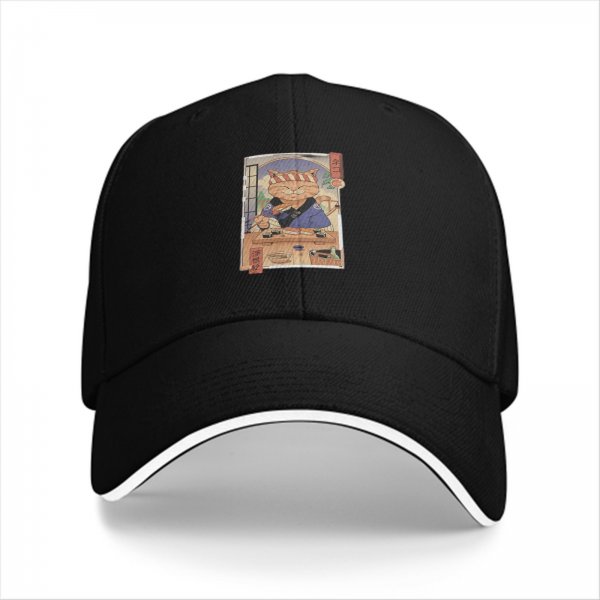 Black Baseball Cap With Japanese Style Sushi Chef Cat Print