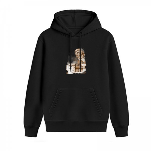 Black hoodie with owl, coffee mug and stacked books graphic