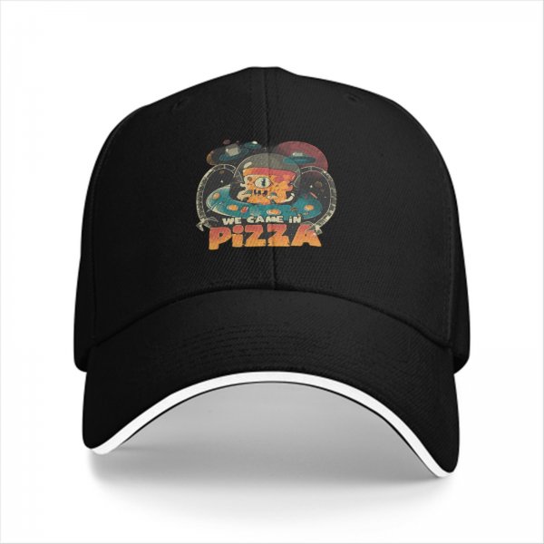 Black baseball cap with 'We Came In Pizza' alien UFO graphic
