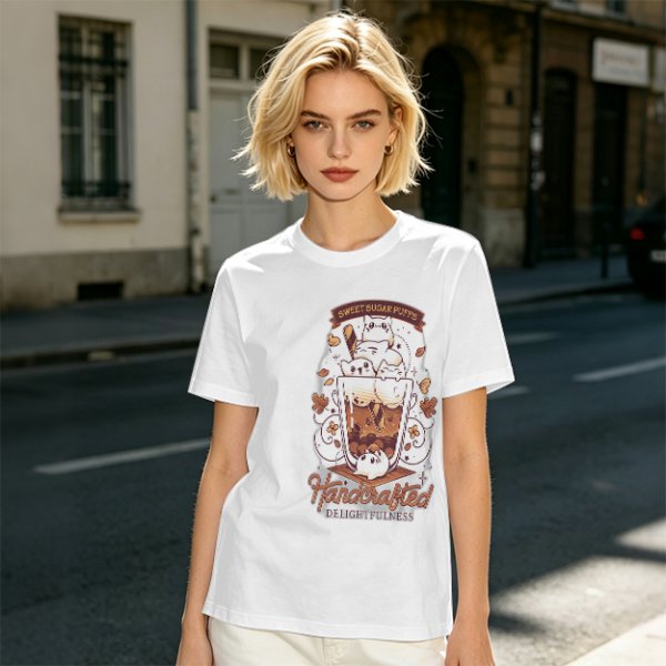 Olive t-shirt with cute cat bubble tea graphic print