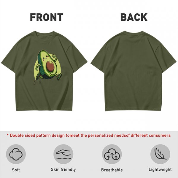 Olive Green T-Shirt with Cute Running Avocado Graphic