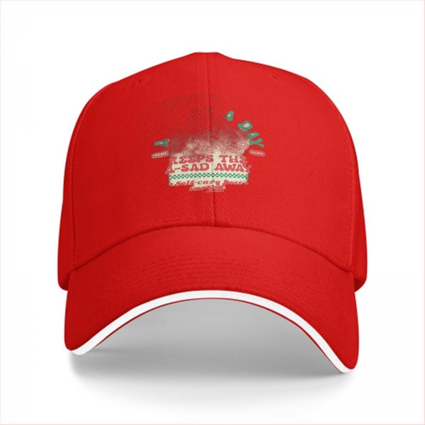 Black baseball cap with 'Keeps The A-Sad Away' graphic print
