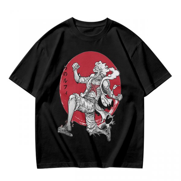 Olive T-shirt with Luffy Gear 5 Sun God Nika Anime Print