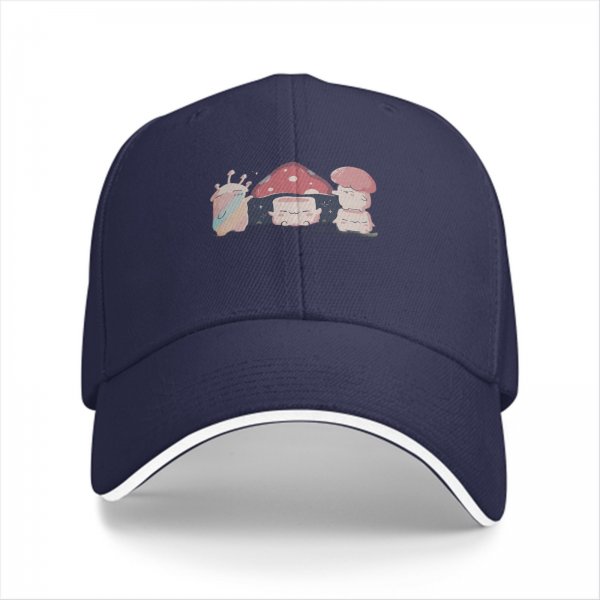 Black baseball cap with cute mushroom creature graphic print