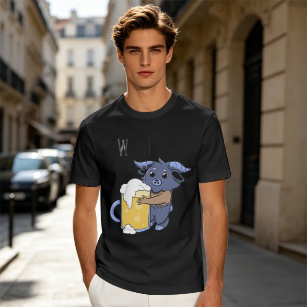 Olive T-Shirt With Cute Blue Goat Holding Foamy Beer Mug Print