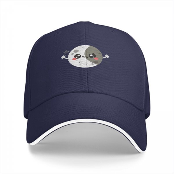 Black baseball cap with cute split moon cartoon design