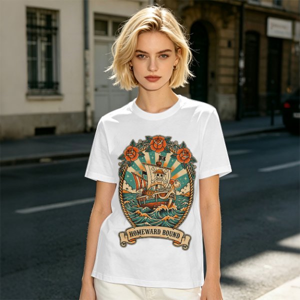 Olive T-shirt with Pirate Ship Homeward Bound Tattoo Style Print