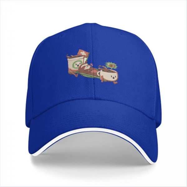 Black baseball cap with playful anthropomorphic coffee cups graphic