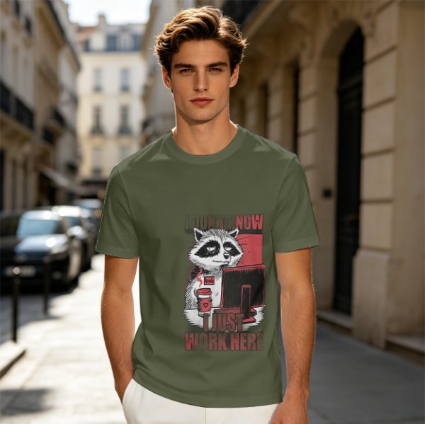 Olive graphic t-shirt with a tired raccoon office worker and 'I Just Work Here' text