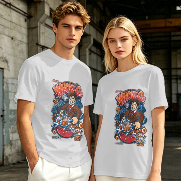 Olive green t-shirt with Doctor Who themed Whovio's cereal graphic