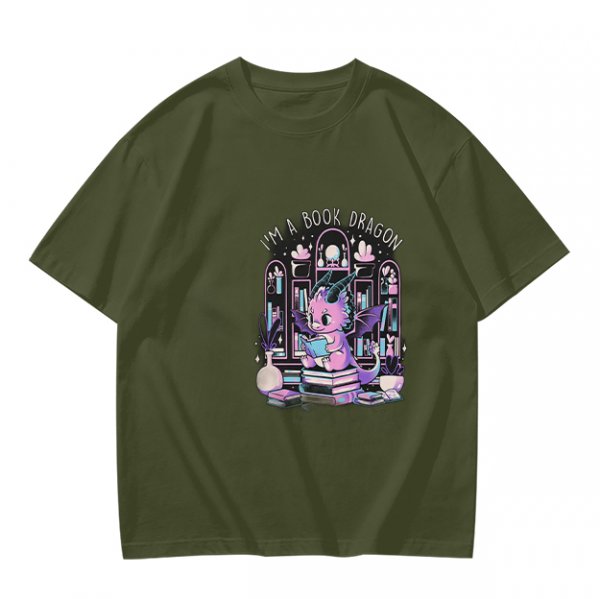Olive t-shirt with cute book dragon reading design
