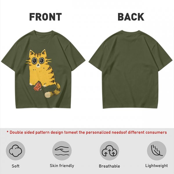 Olive T-Shirt With Cute Surprised Orange Tabby Cat Holding Meat Print