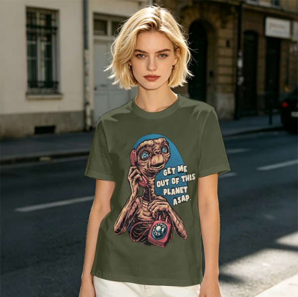 Olive t-shirt with E.T. 'Get Me Out Of This Planet ASAP' print