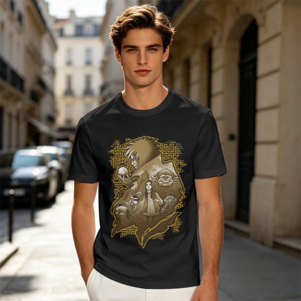 Olive T-Shirt with Fantasy Character Group Graphic Print