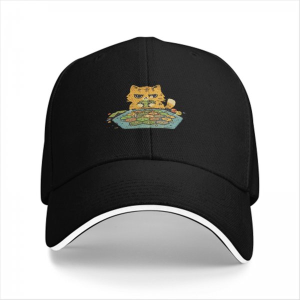 Black Baseball Cap With Grumpy Orange Cat Playing Settlers Of Catan Design