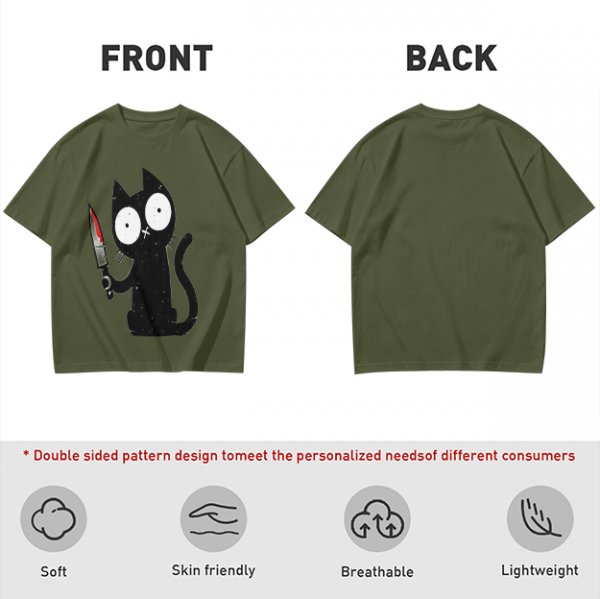 Olive T-shirt with a black cartoon cat holding a bloodied knife