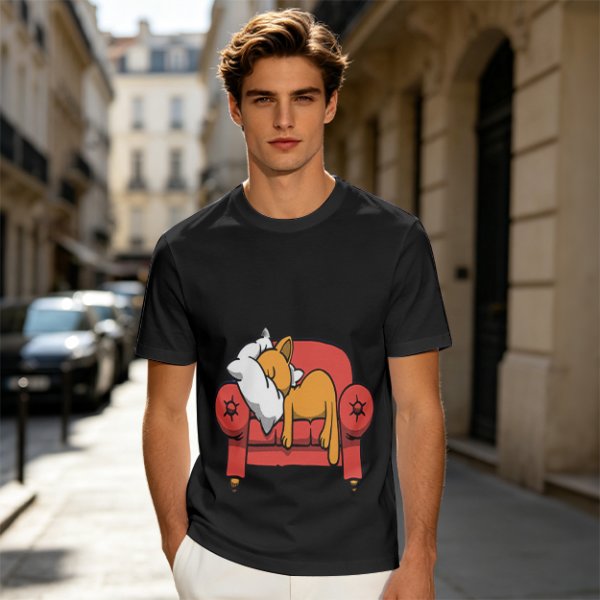 Olive green t-shirt with a sleeping orange cat on a red armchair print