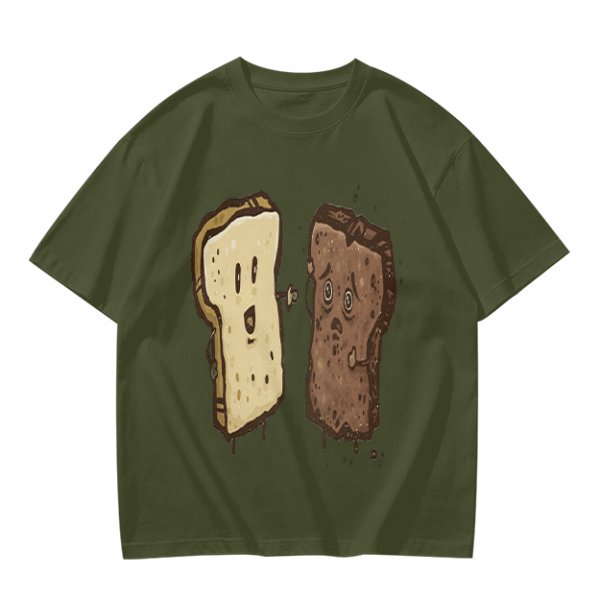 Olive T-Shirt With Surprised Light And Sad Burnt Bread Slices Graphic