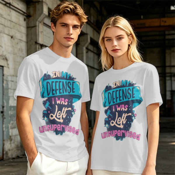 Olive t-shirt with 'In My Defense I Was Left Unsupervised' graphic